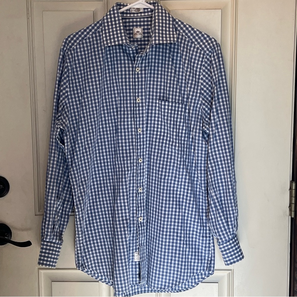 Peter Millar Checkered Blue White Button Up Long Sleeve Dress Shirt Men's Medium